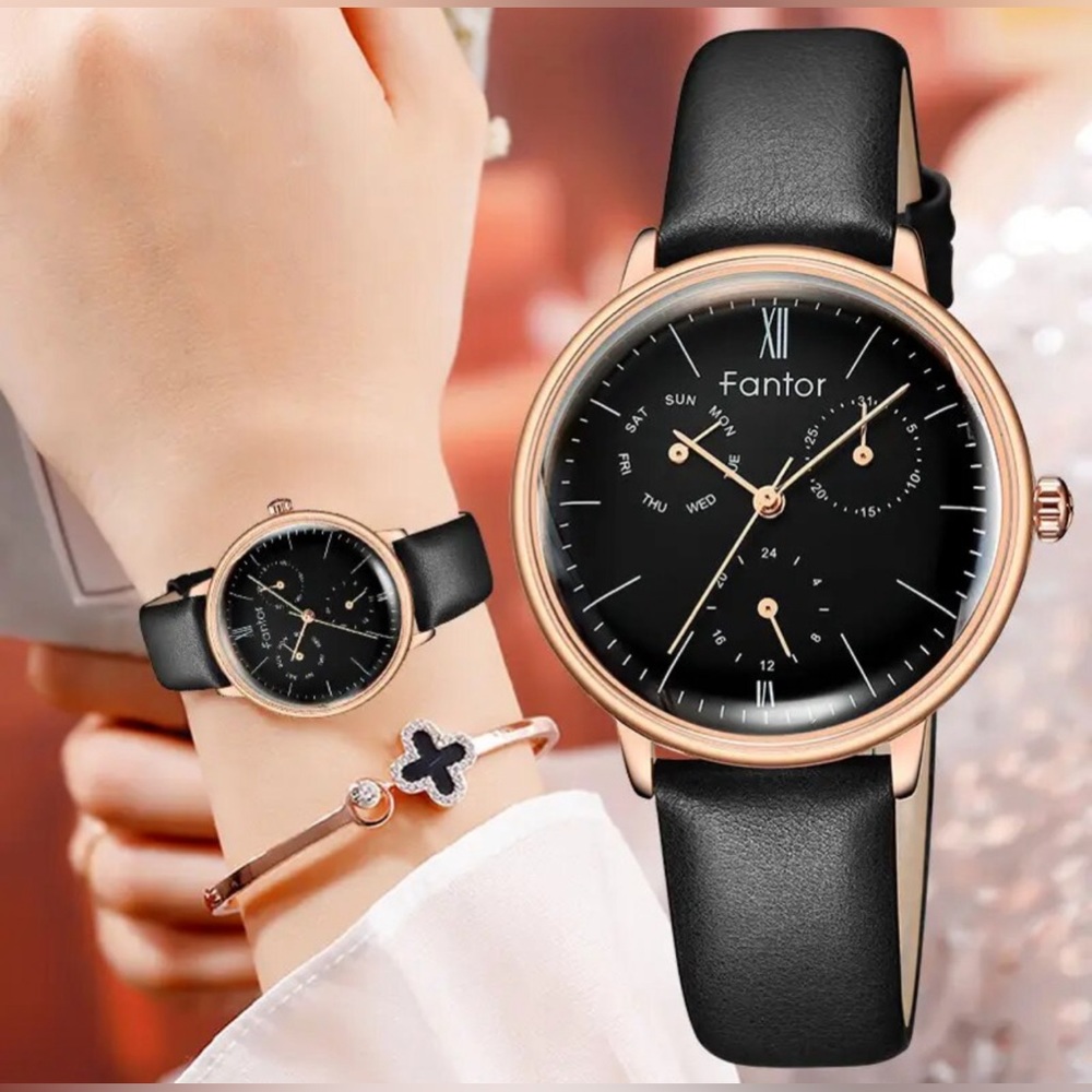 Designer Watch-Fantor Woman Luxury Leather Wrist Watch Chronograph Quartz, Black